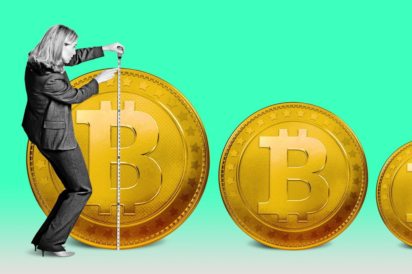 woman measuring coins with bitcoin logo with measuring tape