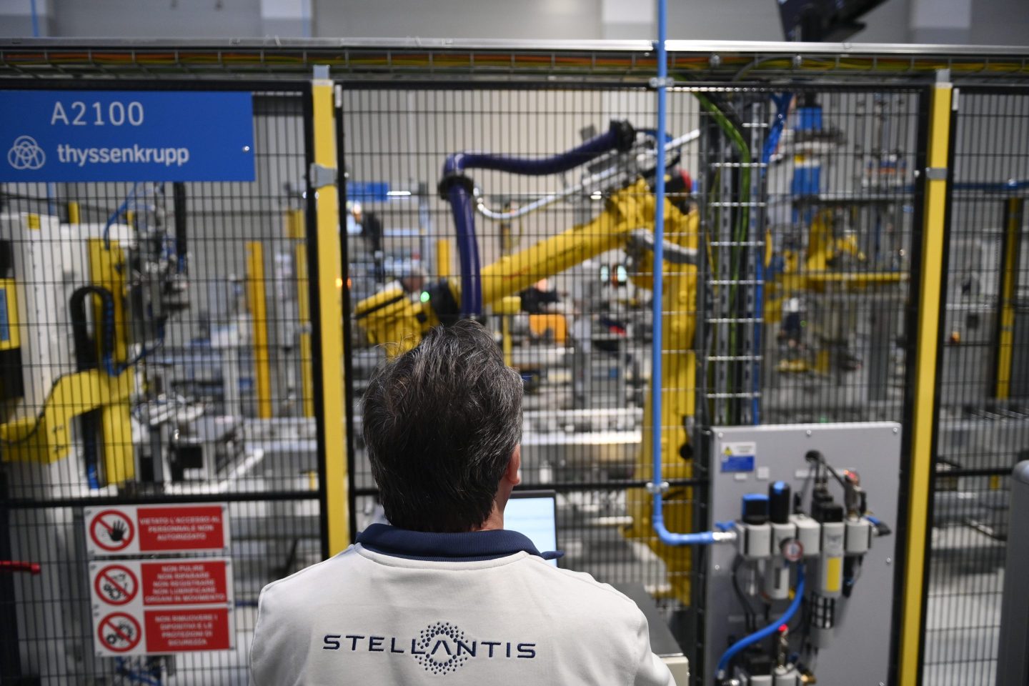 Workers at work inside of the new Hybrid and PHEV Vehicles Stellantis Group eDCT Assembly Plant on April 10, 2024 in Turin, Italy.
