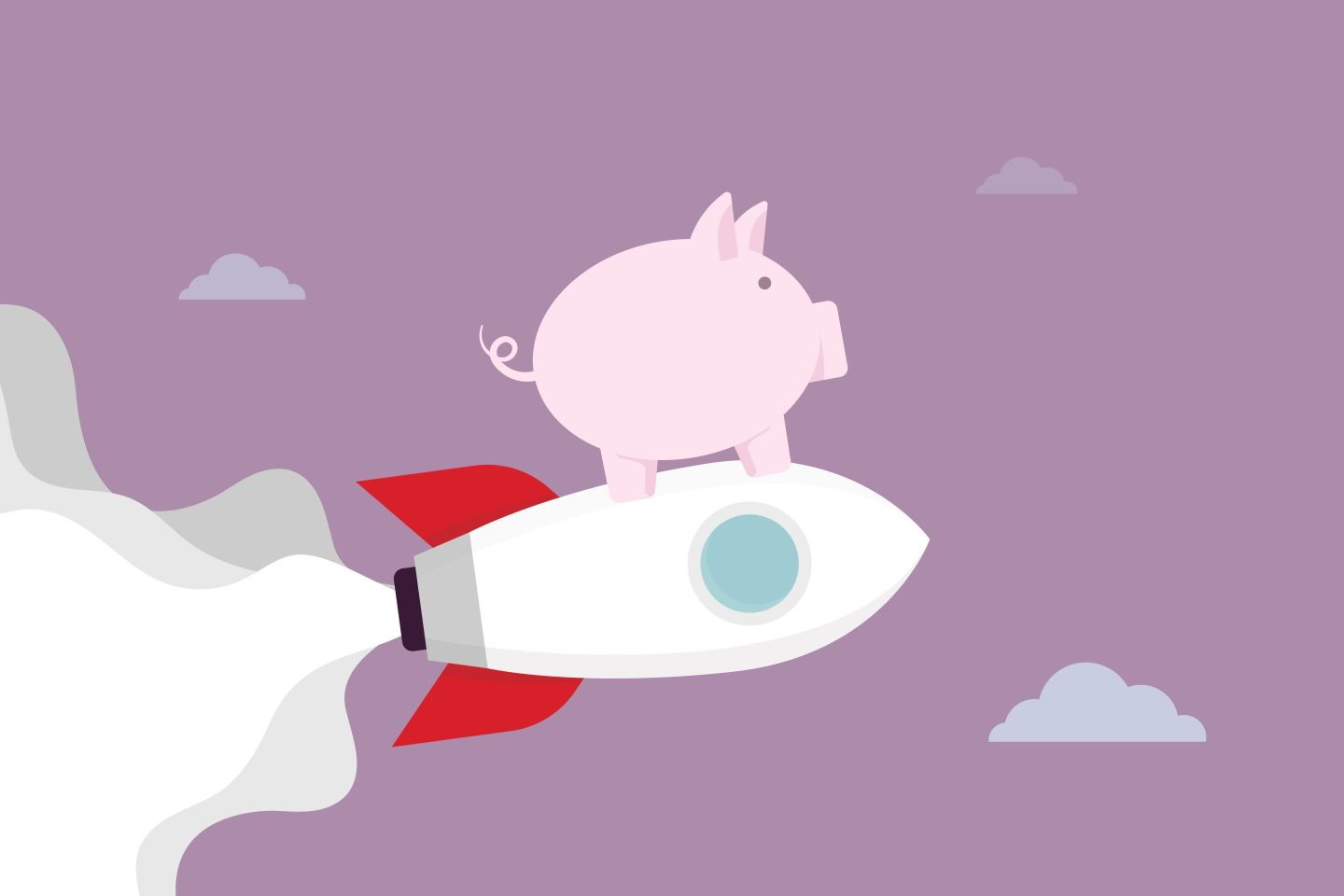 A drawing of a piggy bank on a rocket ship.