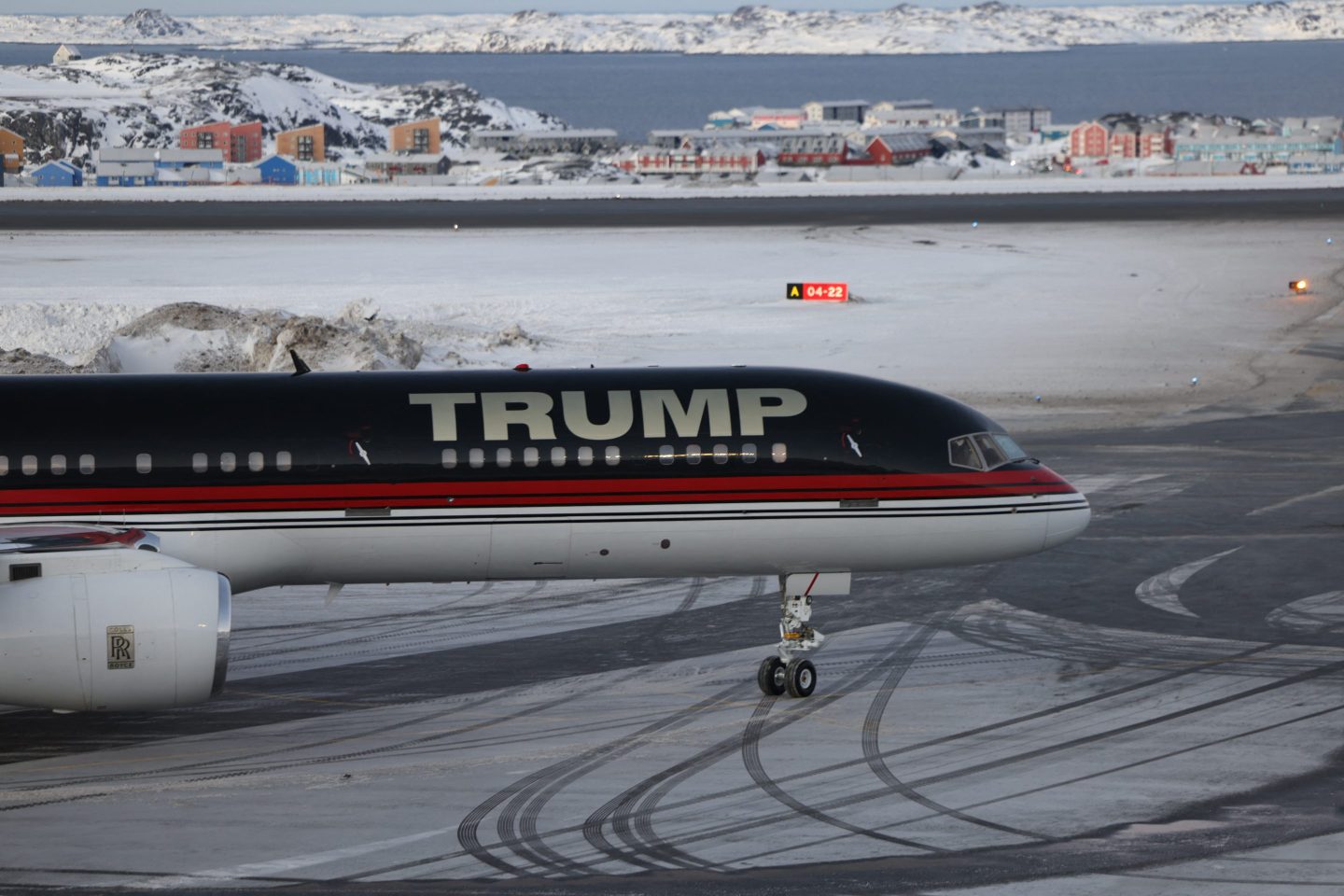 A plane carrying Donald Trump Jr. arrives in January in Nuuk, Greenland, where he is making a short private visit after his father, President Trump, suggested Washington annex the autonomous Danish territory.