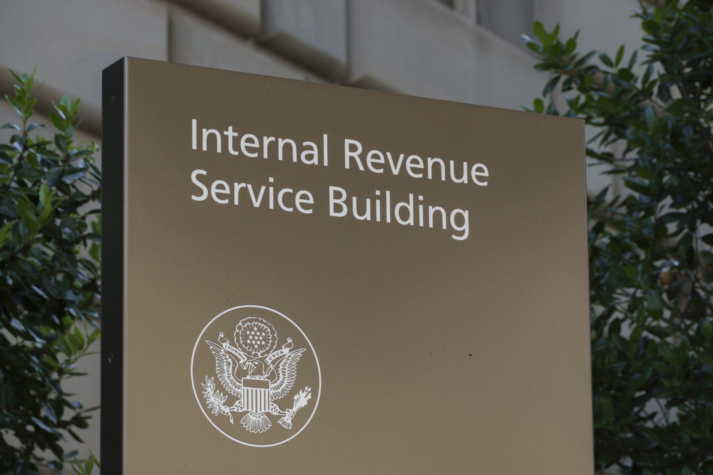 A photo of the IRS sign in Washington, D.C.