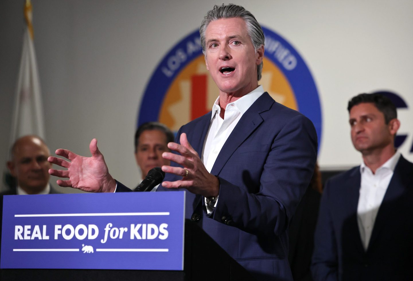 California Governor Gavin Newsom speaks at Belvedere Middle School before signing legislation aimed at improving kids' nutrition and health across California on October 8, 2025 in Los Angeles, California.